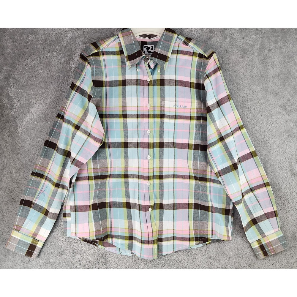 Rockies Shirt Womens Medium Plaid Button Down Long Sleeve Pocket 90s Western